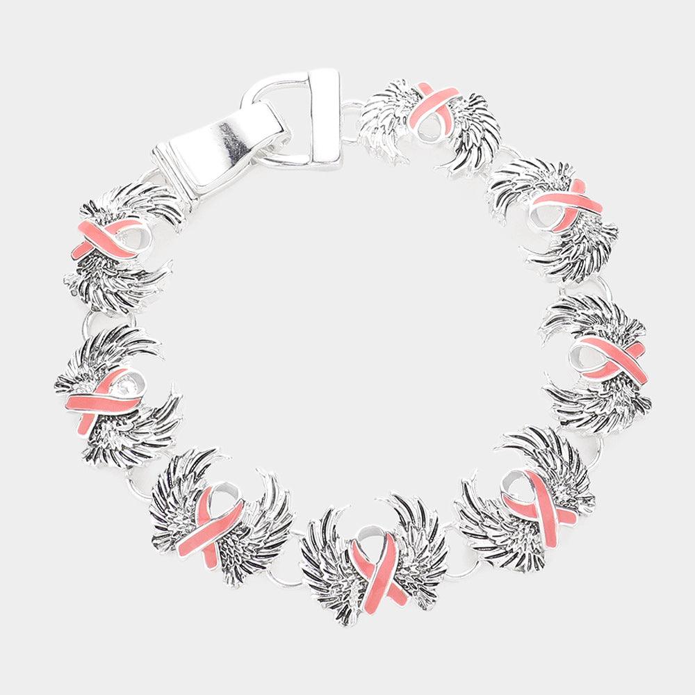 Pink Pink Ribbon Accented Metal Wings Link Magnetic Bracelet