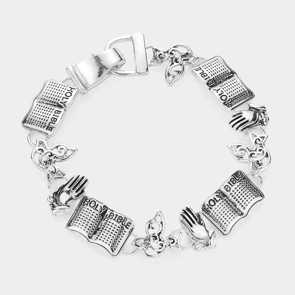 Silver Holy Bible Message Pray Hands Link Magnetic Bracelet