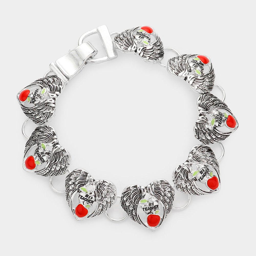 Silver No.1 Teacher Message Enamel Apple Pointed Angel Wings Link Magnetic Bracelet