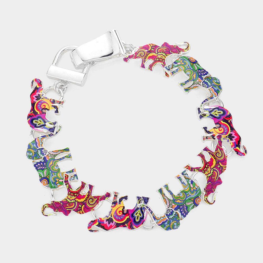 Silver Enamel Colorful Elephant Magnetic Bracelet