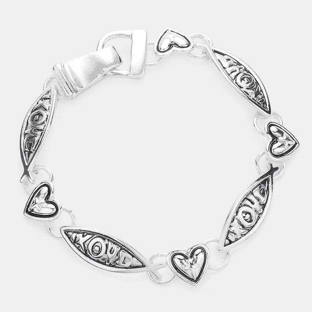 Silver IXOYE message Ichthys Heart Link Magnetic Bracelet