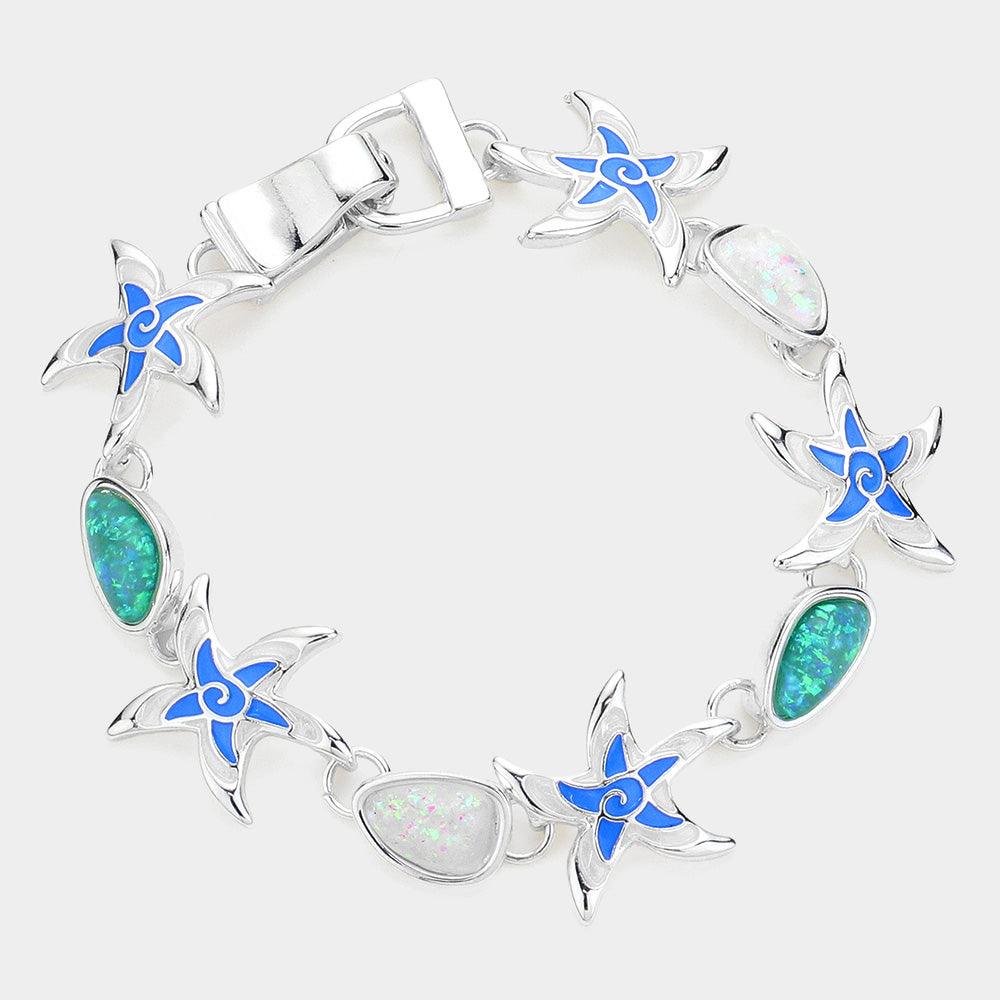 Silver Enamel Starfish Link Magnetic Bracelet