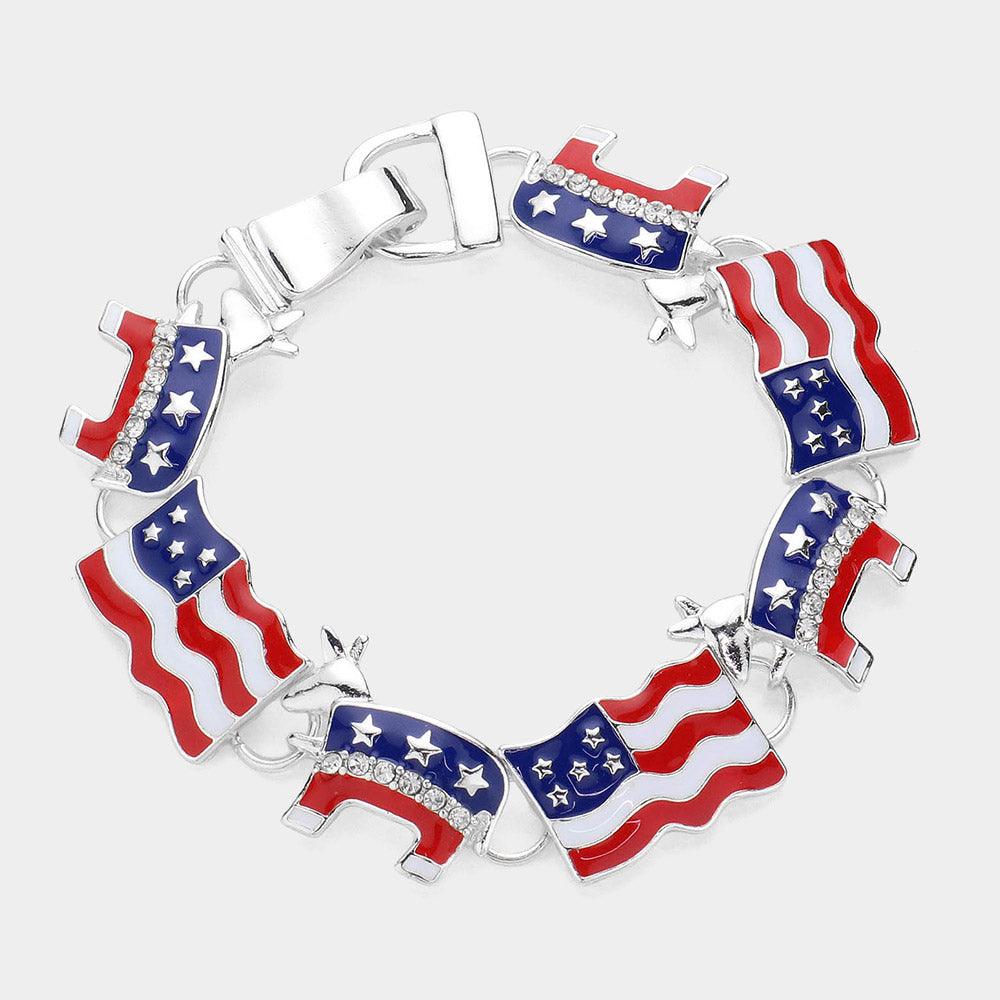 Silver Enamel American USA Flag Democrat Donkey Link Magnetic Bracelet