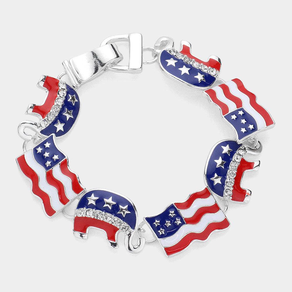 Silver Enamel American USA Flag Republican Elephant Link Magnetic Bracelet