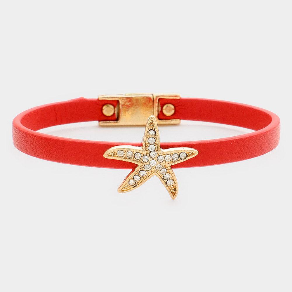 Red Crystal starfish accented faux leather bracelet