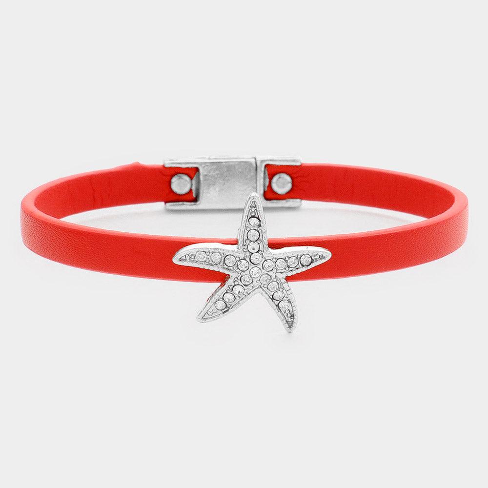 Red Crystal starfish accented faux leather bracelet