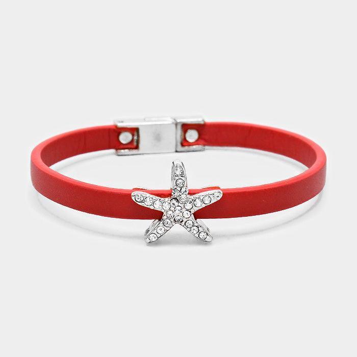 Red Faux Leather Starfish Detail Magnetic Bracelet - Jewelry Store by Erik Rayo