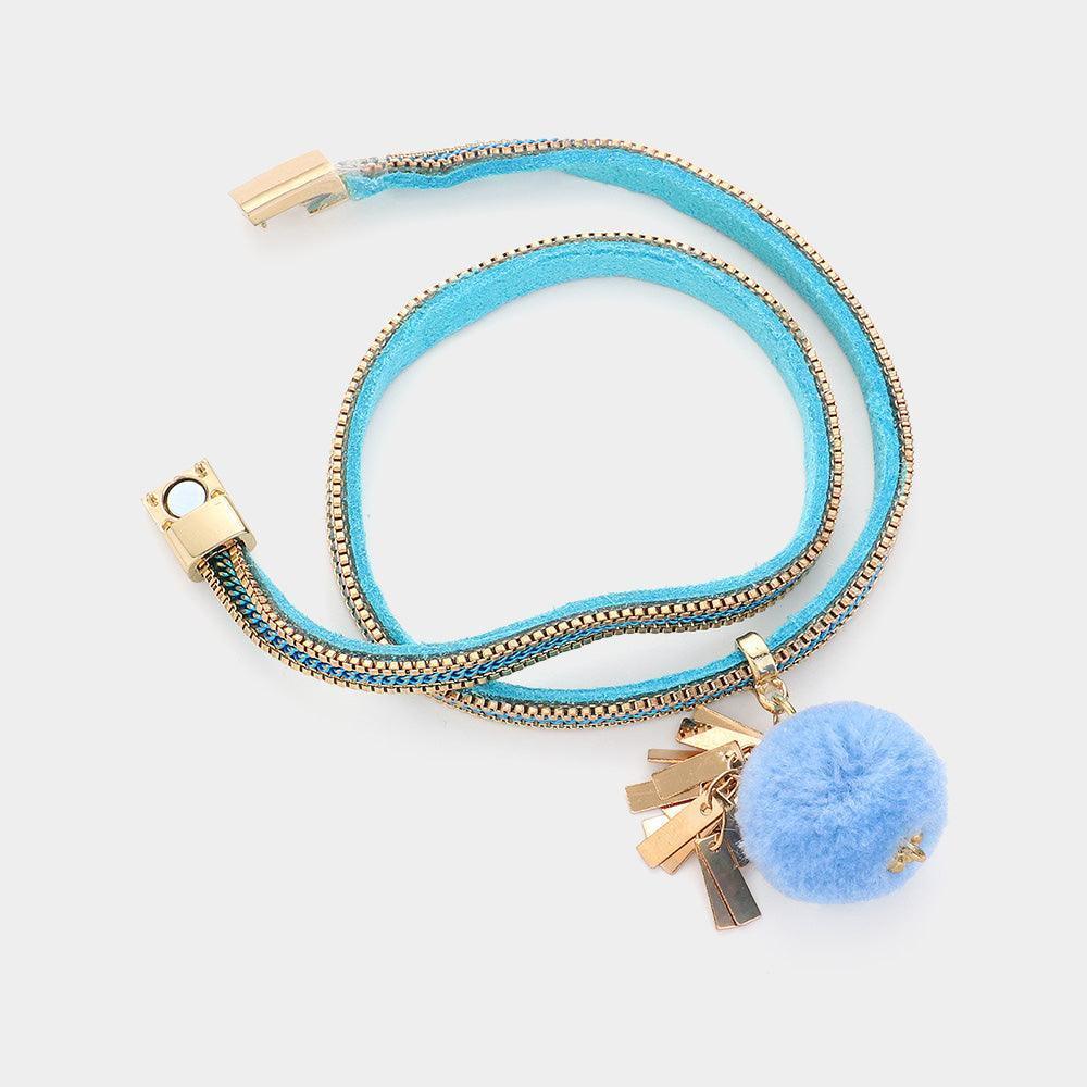Blue Pom Pom Charm Faux Suede Wrap Magnetic Bracelet - Jewelry Store by Erik Rayo