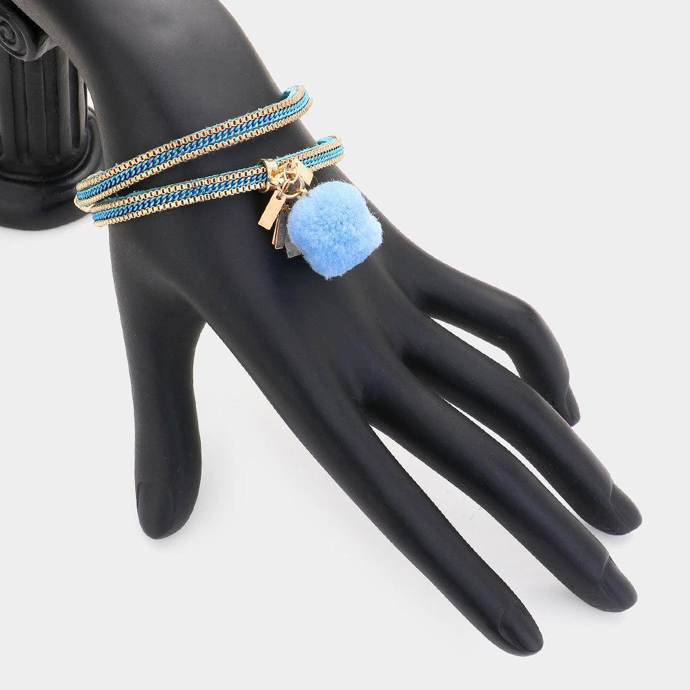 Blue Pom Pom Charm Faux Suede Wrap Magnetic Bracelet - Jewelry Store by Erik Rayo