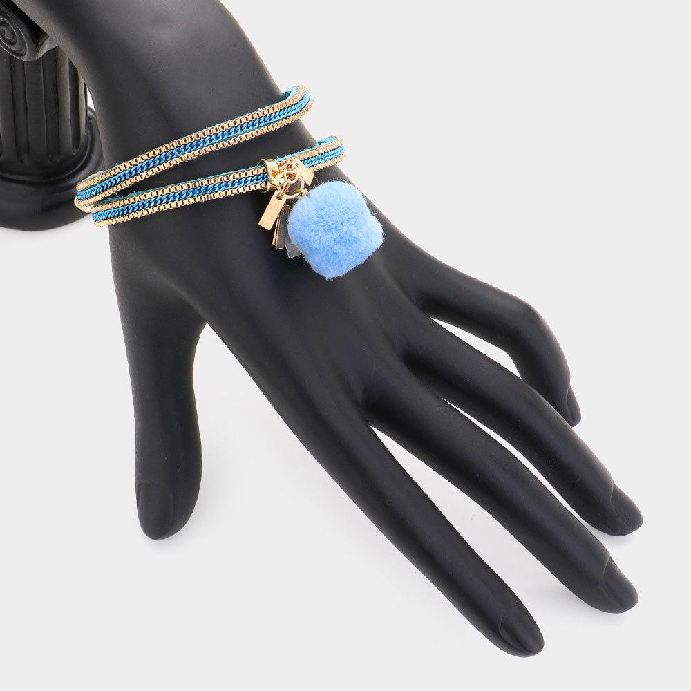 Blue Pom Pom Charm Faux Suede Wrap Magnetic Bracelet