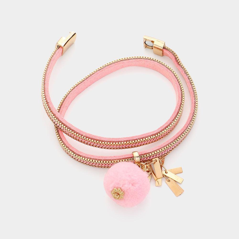 Pink Pom Pom Charm Faux Suede Wrap Magnetic Bracelet - Jewelry Store by Erik Rayo