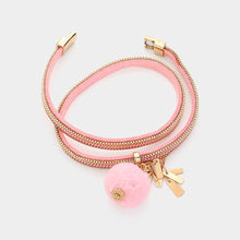 Load image into Gallery viewer, Pink Pom Pom Charm Faux Suede Wrap Magnetic Bracelet
