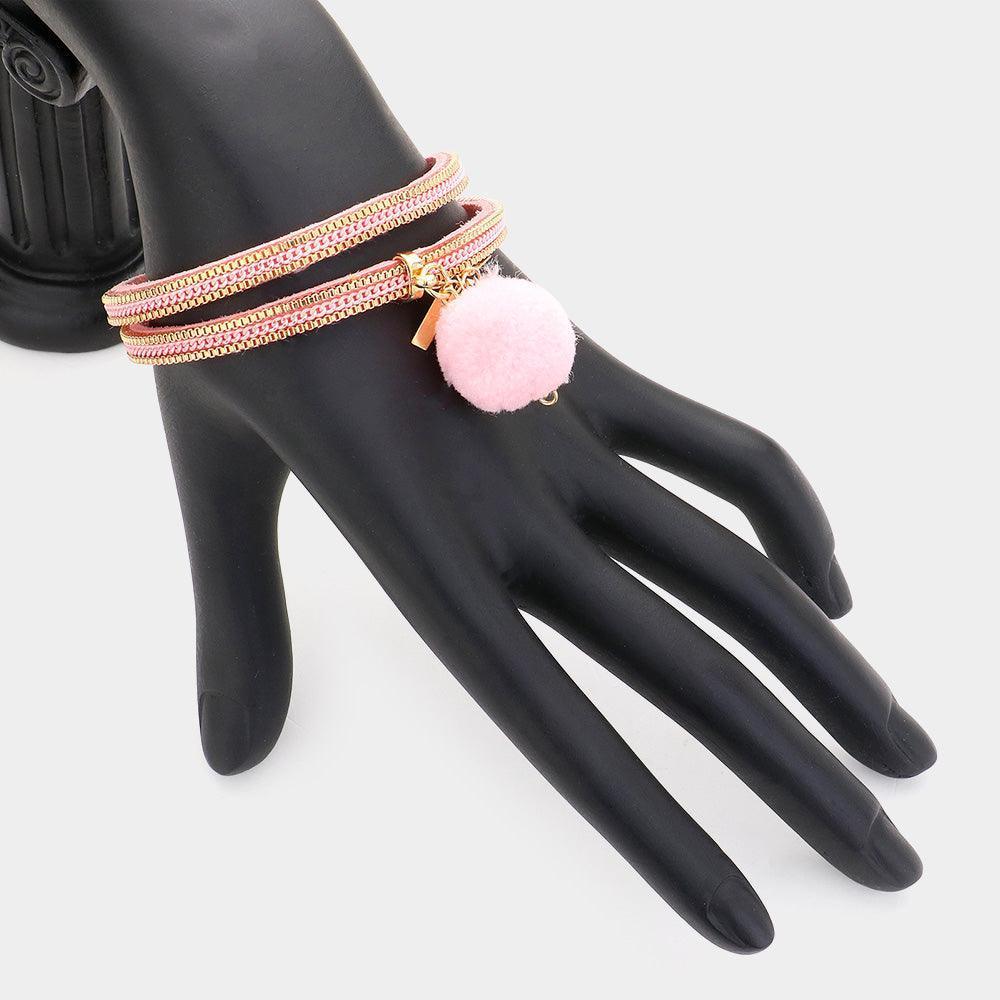 Pink Pom Pom Charm Faux Suede Wrap Magnetic Bracelet - Jewelry Store by Erik Rayo