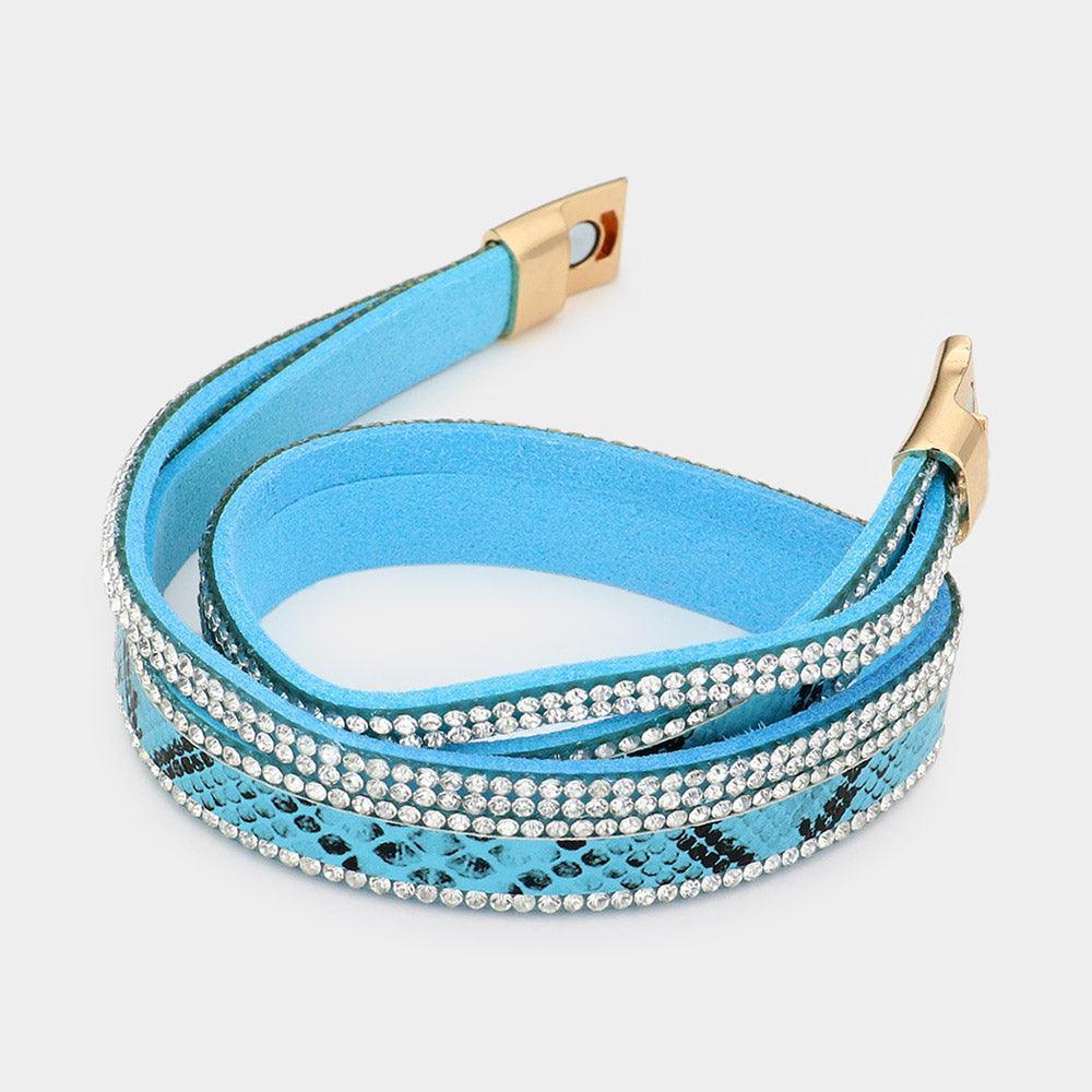 Blue Crystal Pave Faux Leather wrap Bracelet - Jewelry Store by Erik Rayo
