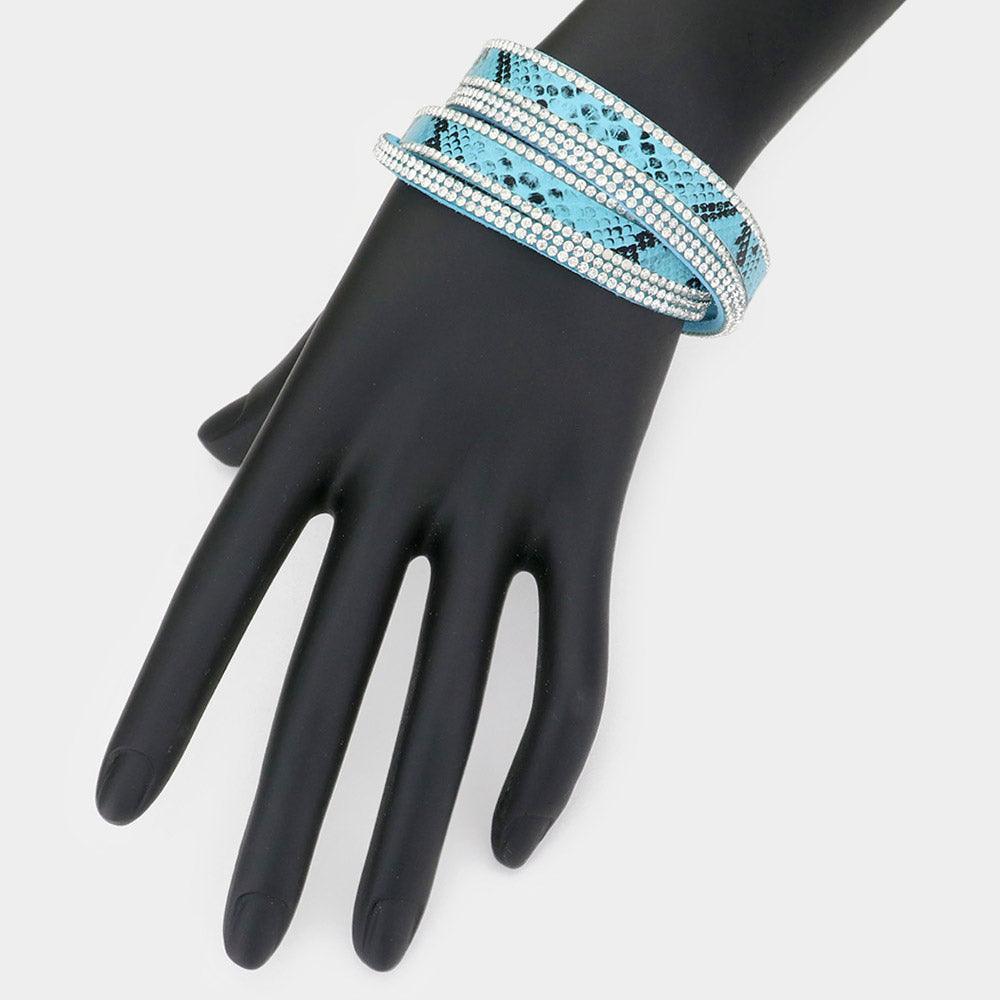 Blue Crystal Pave Faux Leather wrap Bracelet - Jewelry Store by Erik Rayo