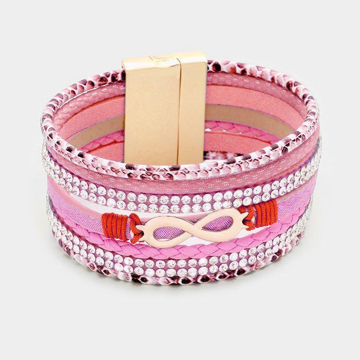 Pink Crystal Pave Infinity Faux Leather wrap Bracelet - Jewelry Store by Erik Rayo