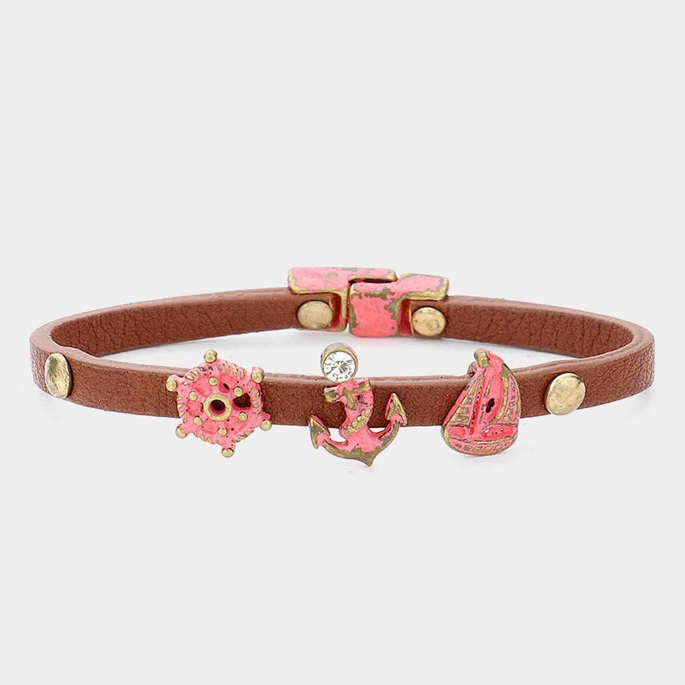 Peach Anchor Ship Wheel Faux Leather Bracelet - Jewelry Store by Erik Rayo