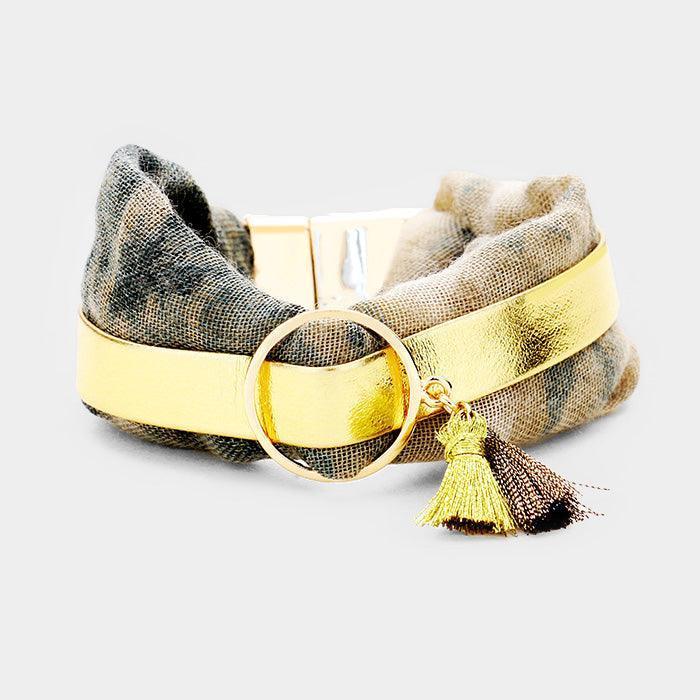 Gold Fabric Tiny Double Tassel Dangle Magnetic Bracelet - Jewelry Store by Erik Rayo