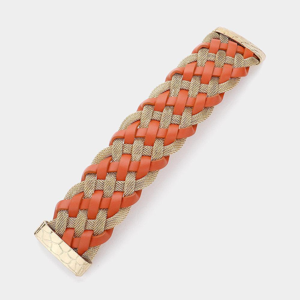 Brown Braided Metal Mesh Faux Leather Magnetic Bracelet - Jewelry Store by Erik Rayo