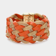 Load image into Gallery viewer, Brown Braided Metal Mesh Faux Leather Magnetic Bracelet
