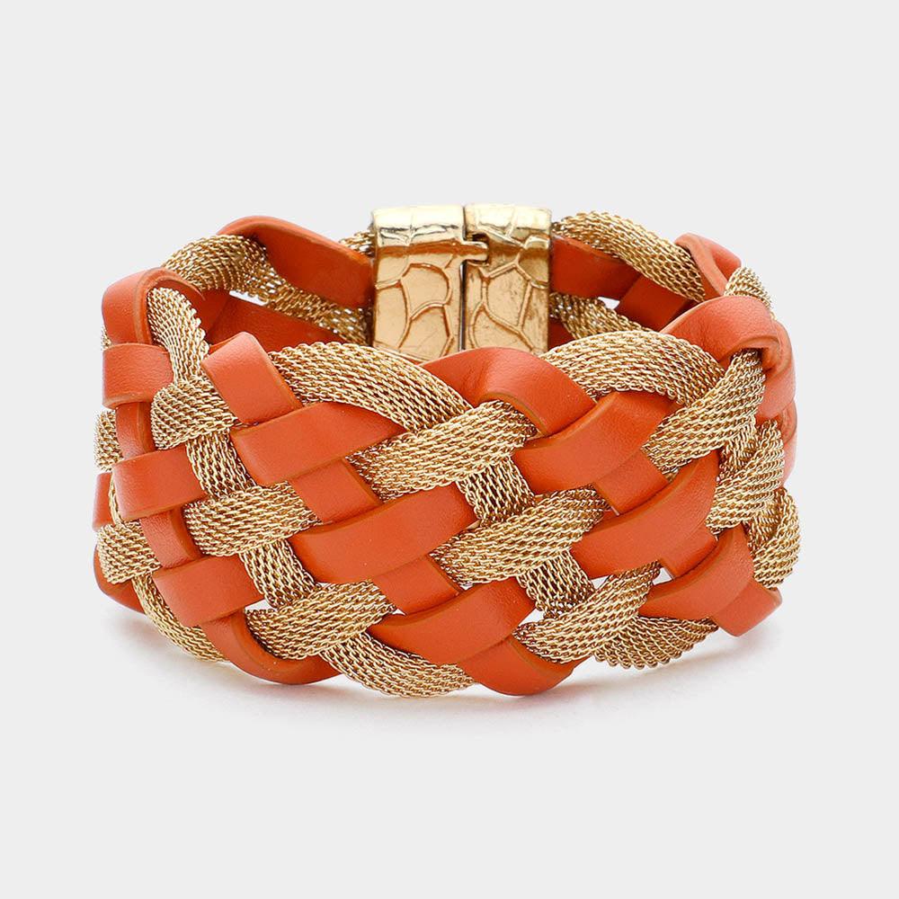 Brown Braided Metal Mesh Faux Leather Magnetic Bracelet