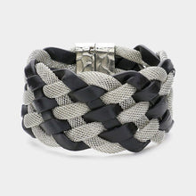 Load image into Gallery viewer, Black Braided Metal Mesh Faux Leather Magnetic Bracelet
