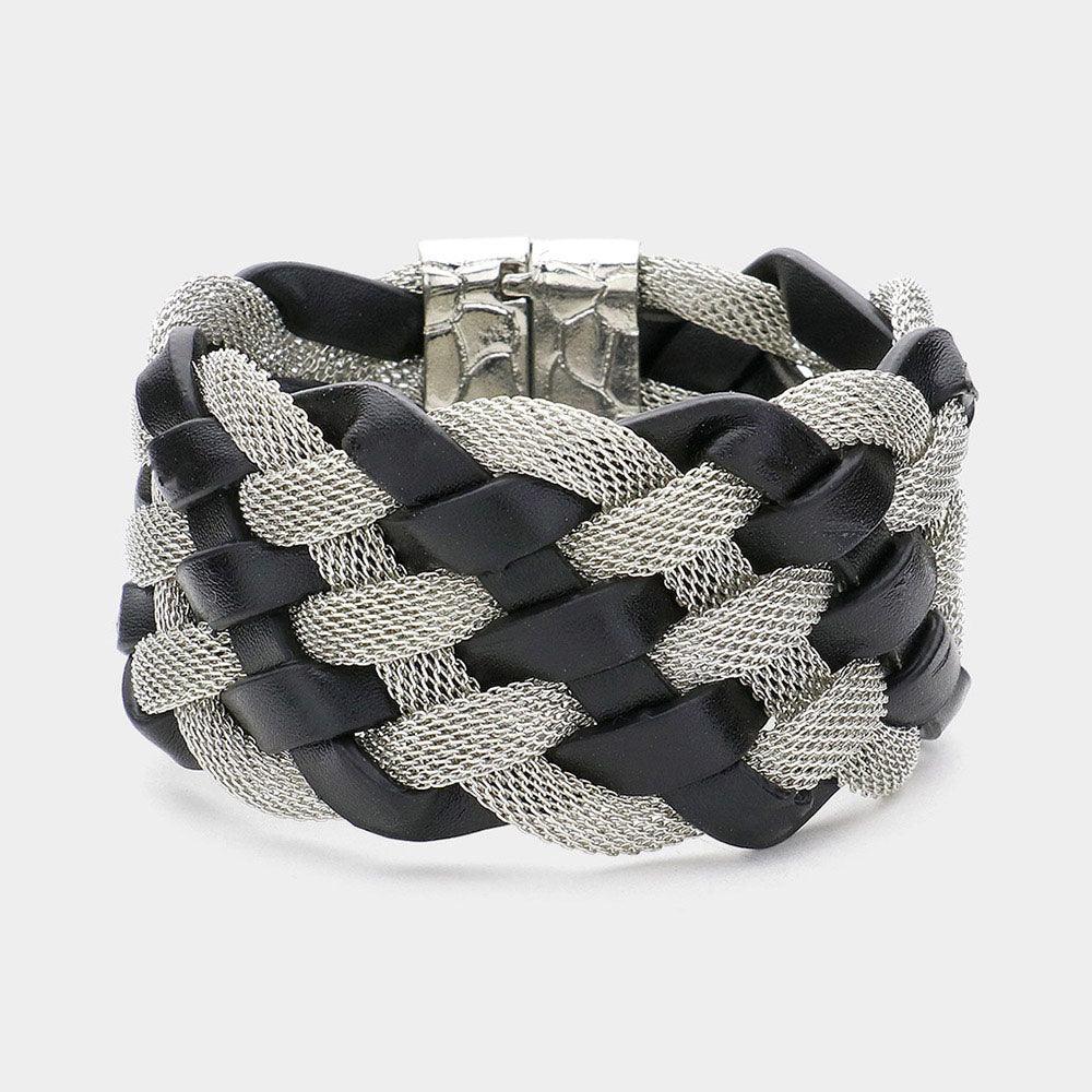 Black Braided Metal Mesh Faux Leather Magnetic Bracelet