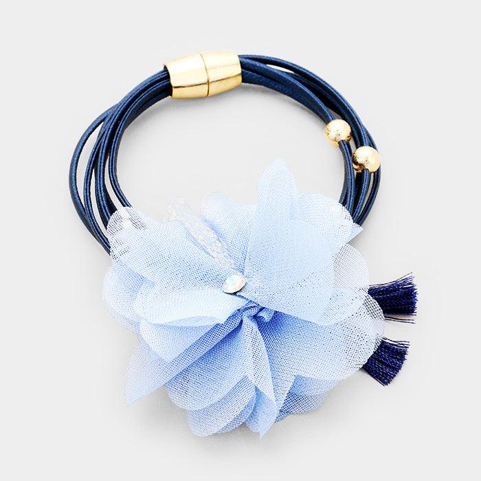 Gold Mesh Fabric Flower Double Tassel Magnetic Bracelet