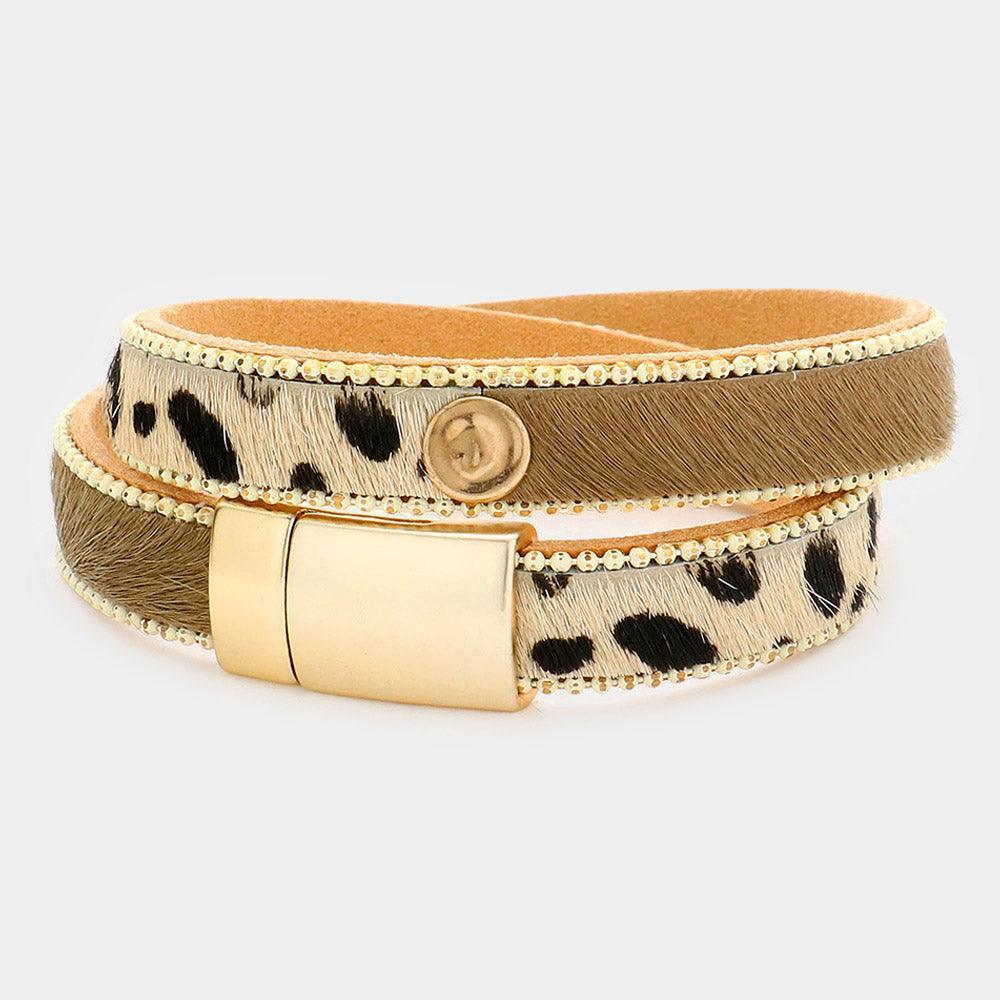 Beige Animal Patterned Calf Magnetic Wrap Bracelet - Jewelry Store by Erik Rayo
