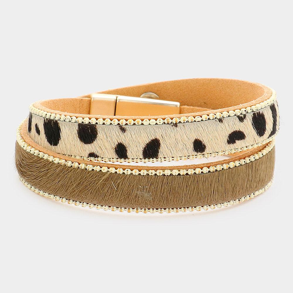 Beige Animal Patterned Calf Magnetic Wrap Bracelet