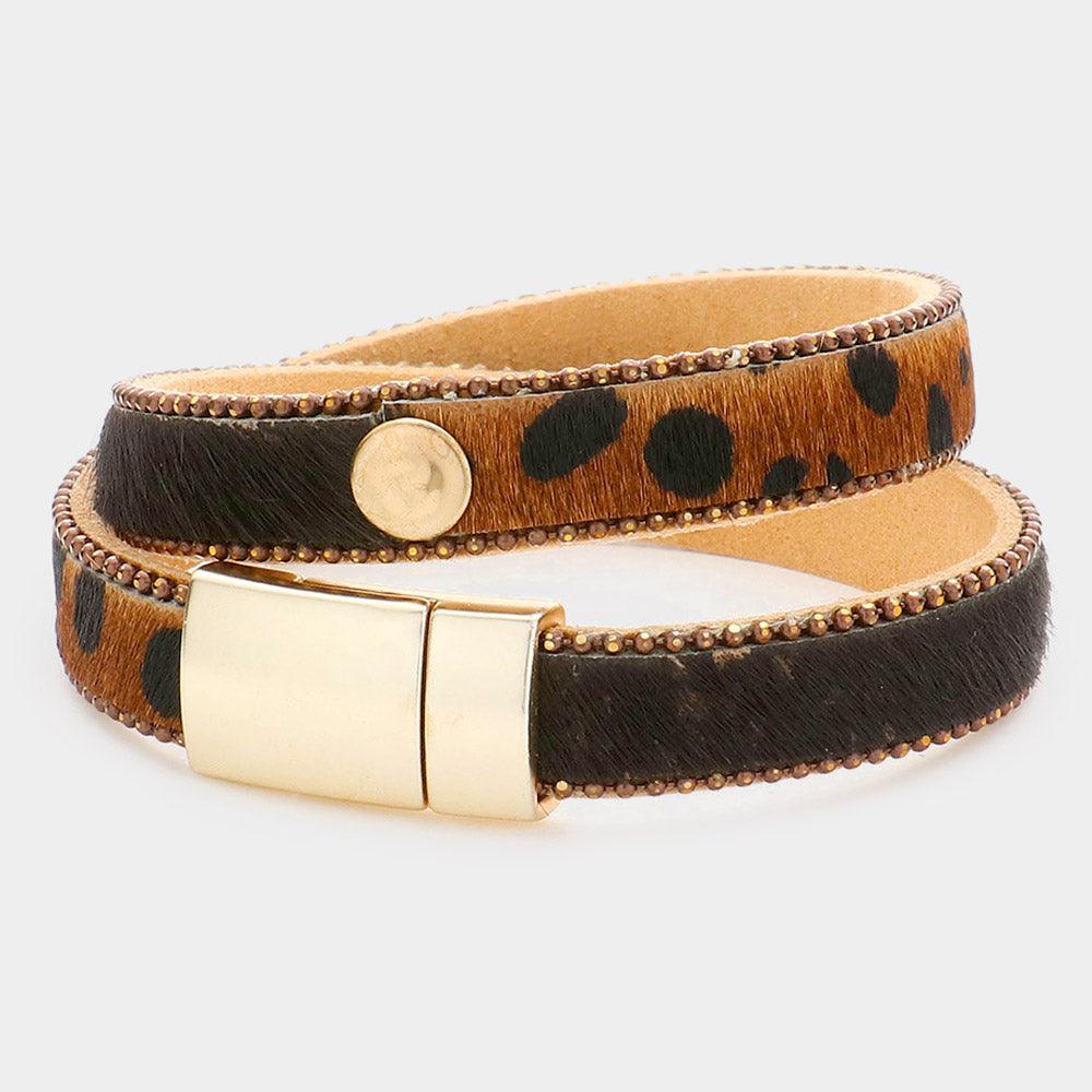 Brown Animal Patterned Calf Magnetic Wrap Bracelet