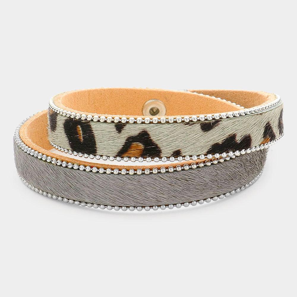 Gray Leopard Patterned Calf Magnetic Wrap Bracelet