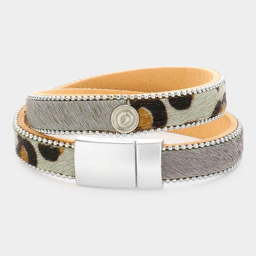 Gray Leopard Patterned Calf Magnetic Wrap Bracelet - Jewelry Store by Erik Rayo