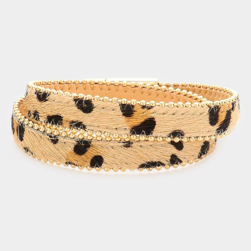 Brown Animal Patterned Calf Magnetic Wrap Bracelet