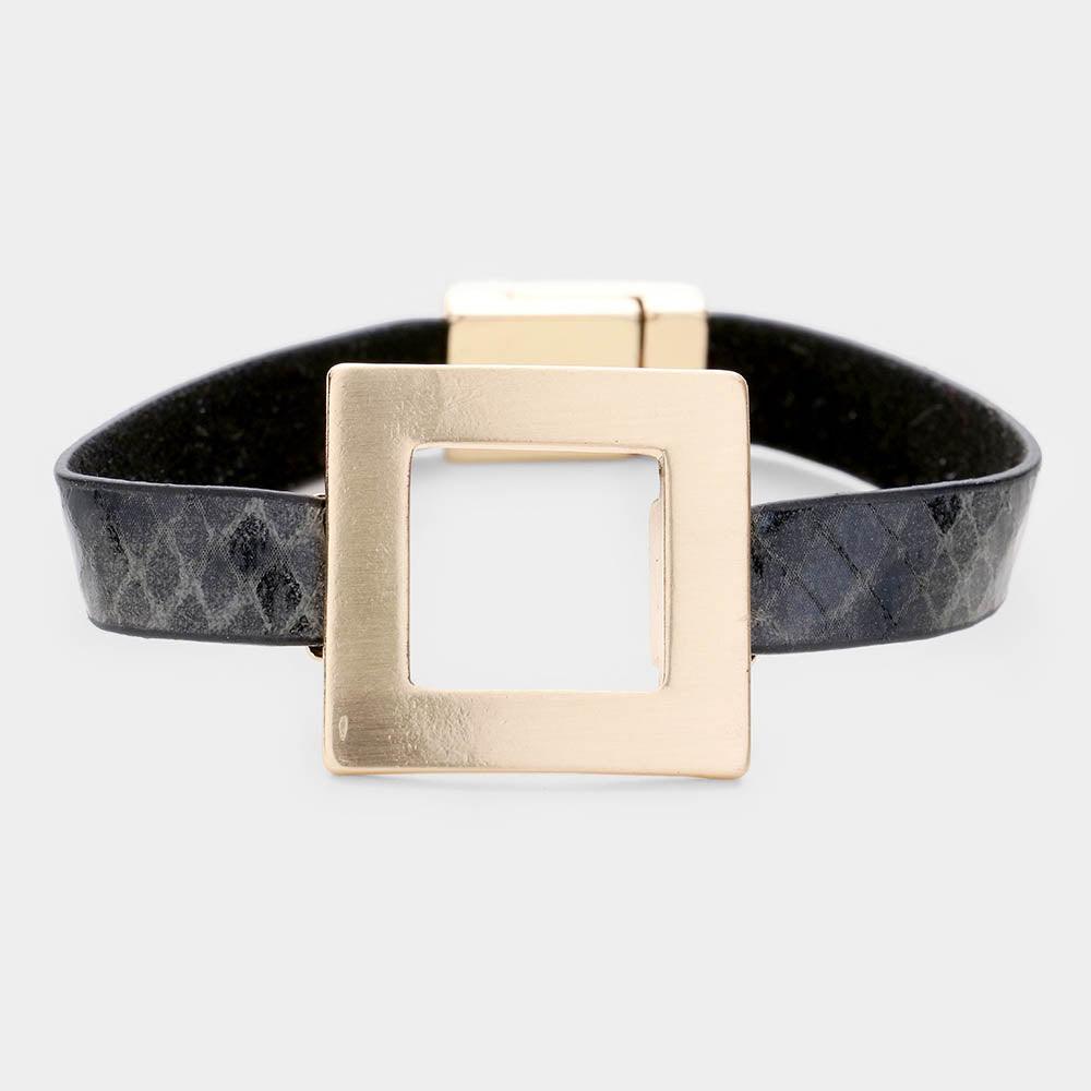 Gold Open Square Metal Faux Leather Magnetic Bracelet