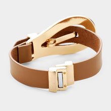 Load image into Gallery viewer, Gold Belt Buckle Faux Leather Magnetic Bracelet
