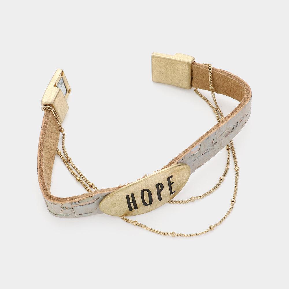 Silver HOPE Message Metal Plate Pointed Chain Faux Leather Magnetic Bracelet - Jewelry Store by Erik Rayo