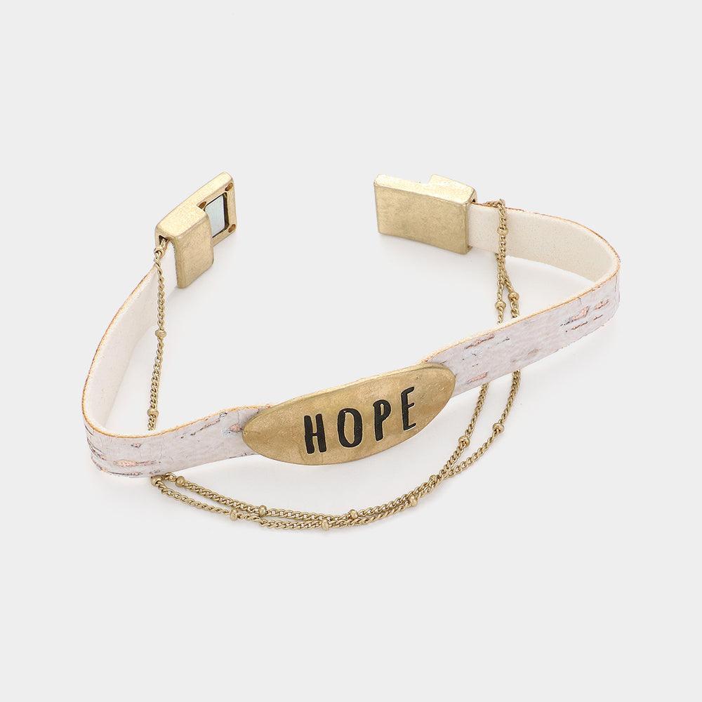 White HOPE Message Metal Plate Pointed Chain Faux Leather Magnetic Bracelet - Jewelry Store by Erik Rayo