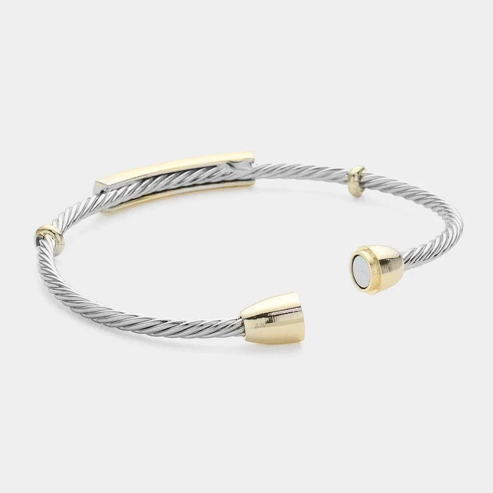 CZ Stone Paved Bar Pointed Textured Metal Magnetic Bangle Bracelet - Jewelry Store by Erik Rayo