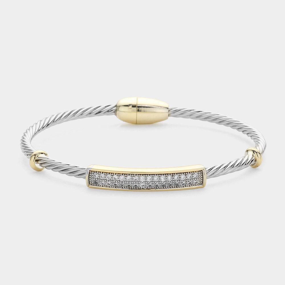 CZ Stone Paved Bar Pointed Textured Metal Magnetic Bangle Bracelet - Jewelry Store by Erik Rayo