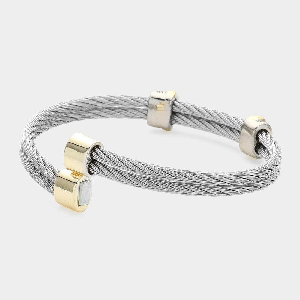 CZ Stone Paved Bar Pointed Double Layered Textured Metal Magnetic Bangle Bracelet - Jewelry Store by Erik Rayo
