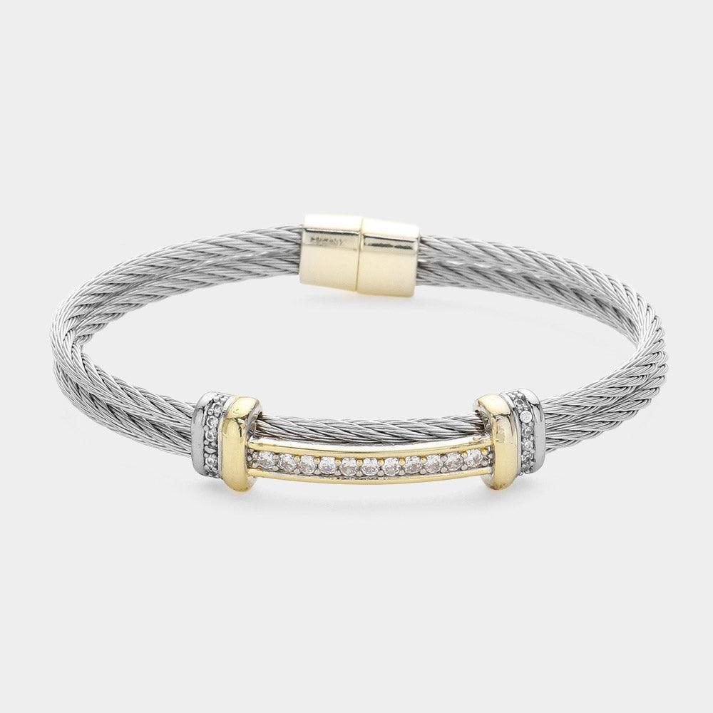 CZ Stone Paved Bar Pointed Double Layered Textured Metal Magnetic Bangle Bracelet - Jewelry Store by Erik Rayo