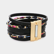 Load image into Gallery viewer, Black Druzy Pendant Pointed Beaded Faux Leather Multi Layered Magnetic Bracelet
