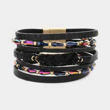 Load image into Gallery viewer, Black Druzy Pendant Pointed Beaded Faux Leather Multi Layered Magnetic Bracelet
