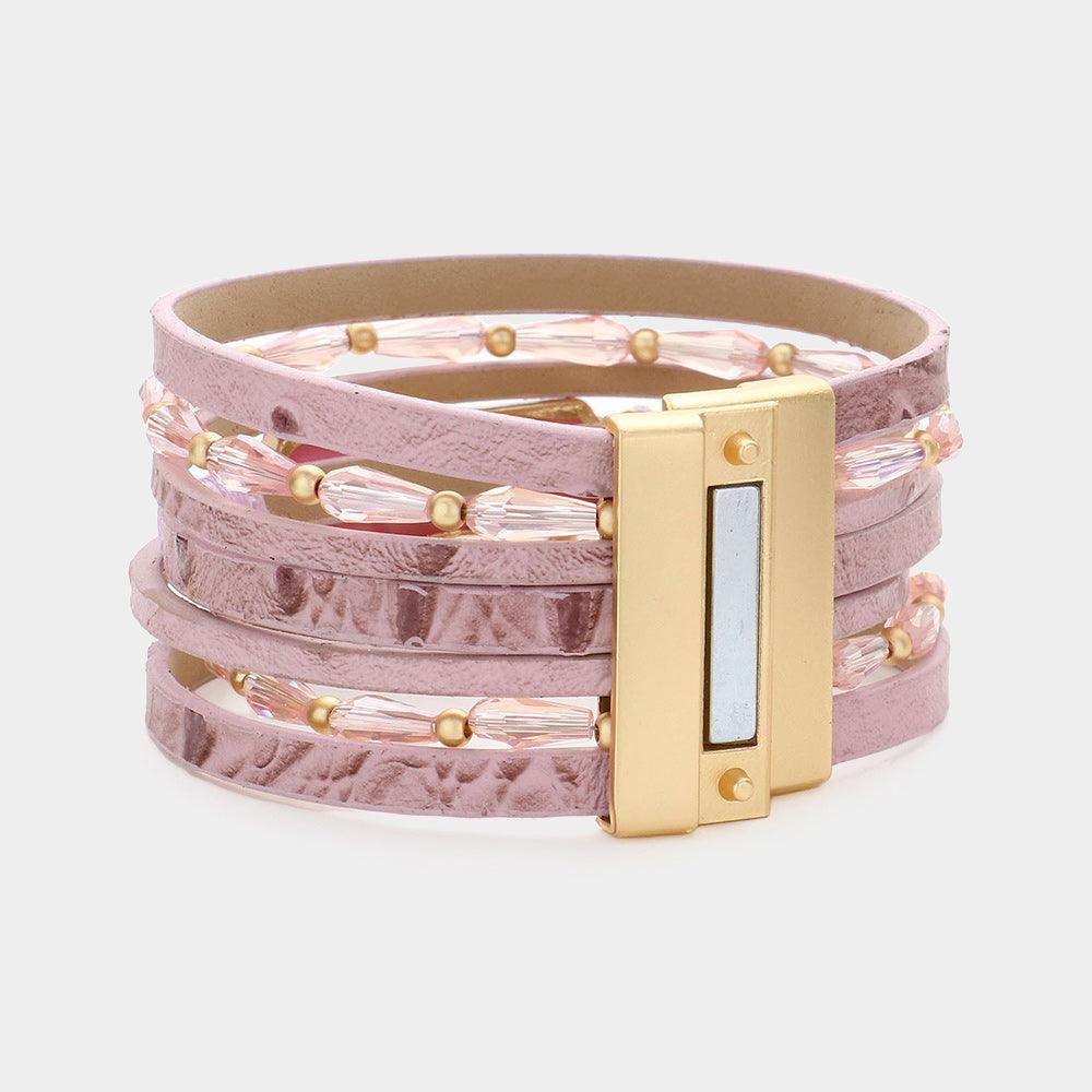 Pink Druzy Pendant Pointed Beaded Faux Leather Multi Layered Magnetic Bracelet - Jewelry Store by Erik Rayo