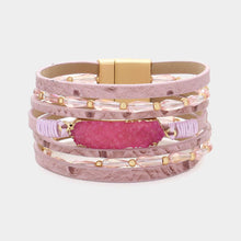 Load image into Gallery viewer, Pink Druzy Pendant Pointed Beaded Faux Leather Multi Layered Magnetic Bracelet
