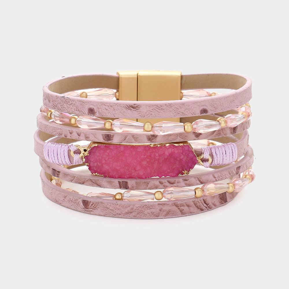 Pink Druzy Pendant Pointed Beaded Faux Leather Multi Layered Magnetic Bracelet