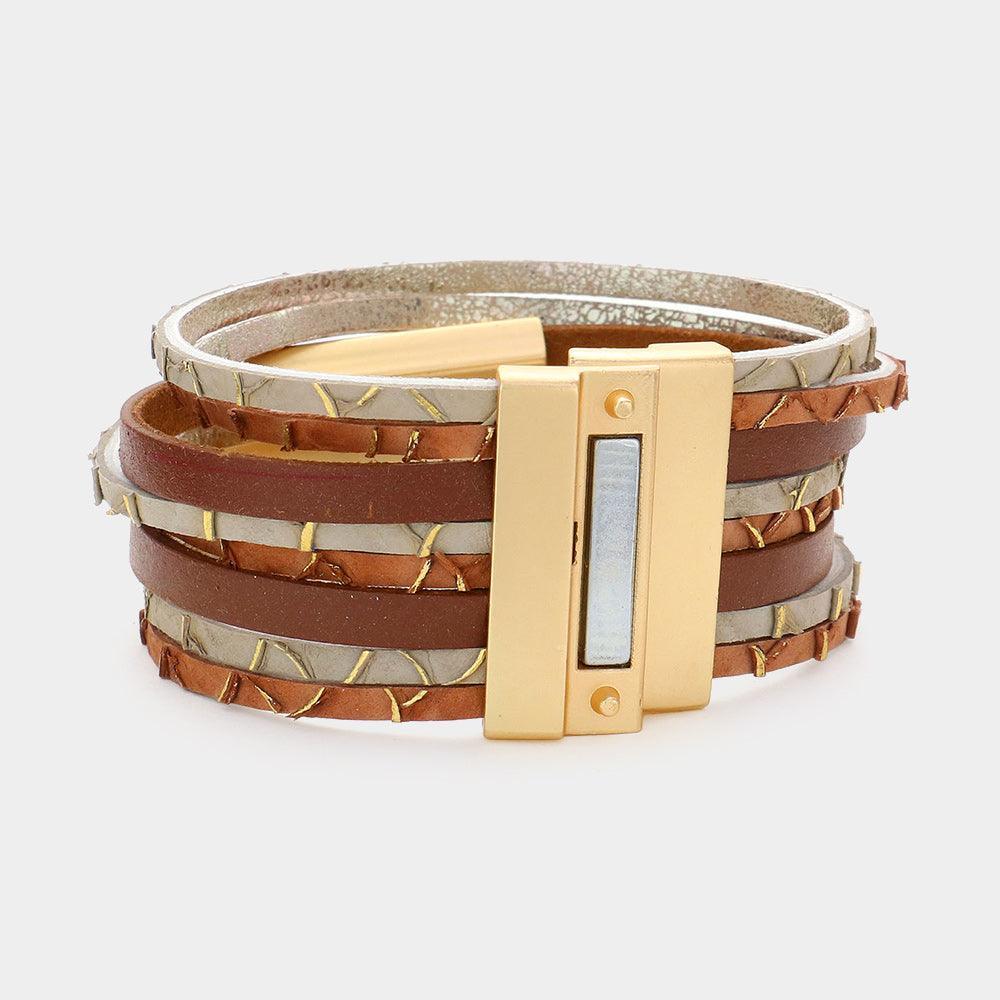 Brown Metal Pendant Pointed Faux Leather Magnetic Bracelet - Jewelry Store by Erik Rayo