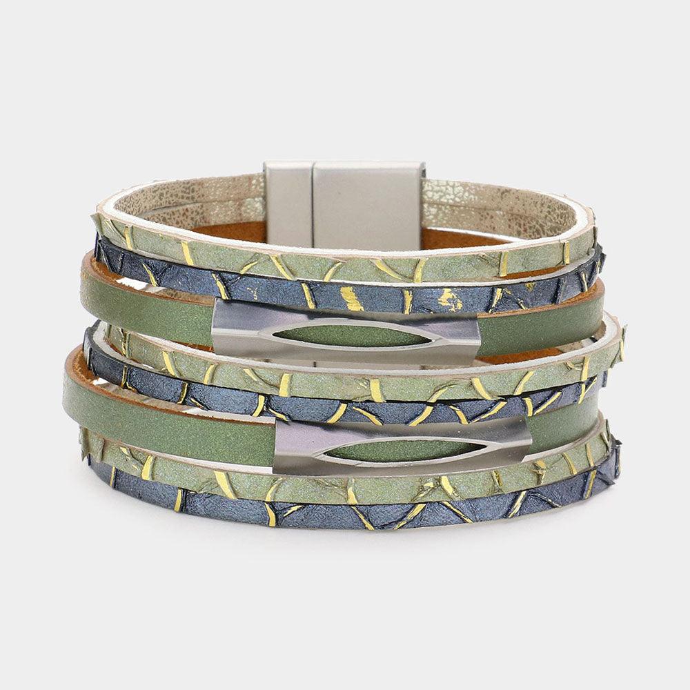 Green Metal Pendant Pointed Faux Leather Magnetic Bracelet