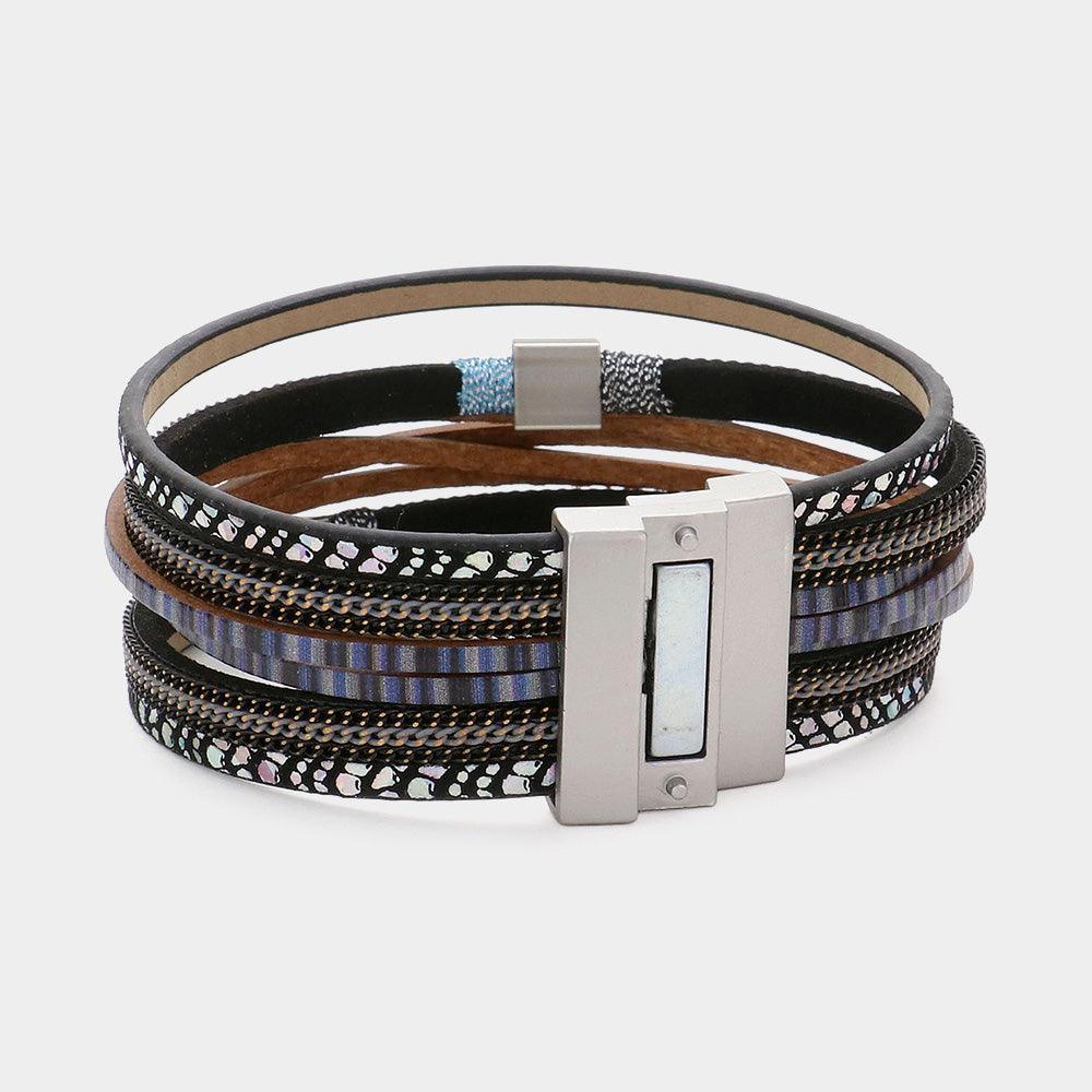Black Square Metal Pointed Faux Leather Magnetic Bracelet - Jewelry Store by Erik Rayo